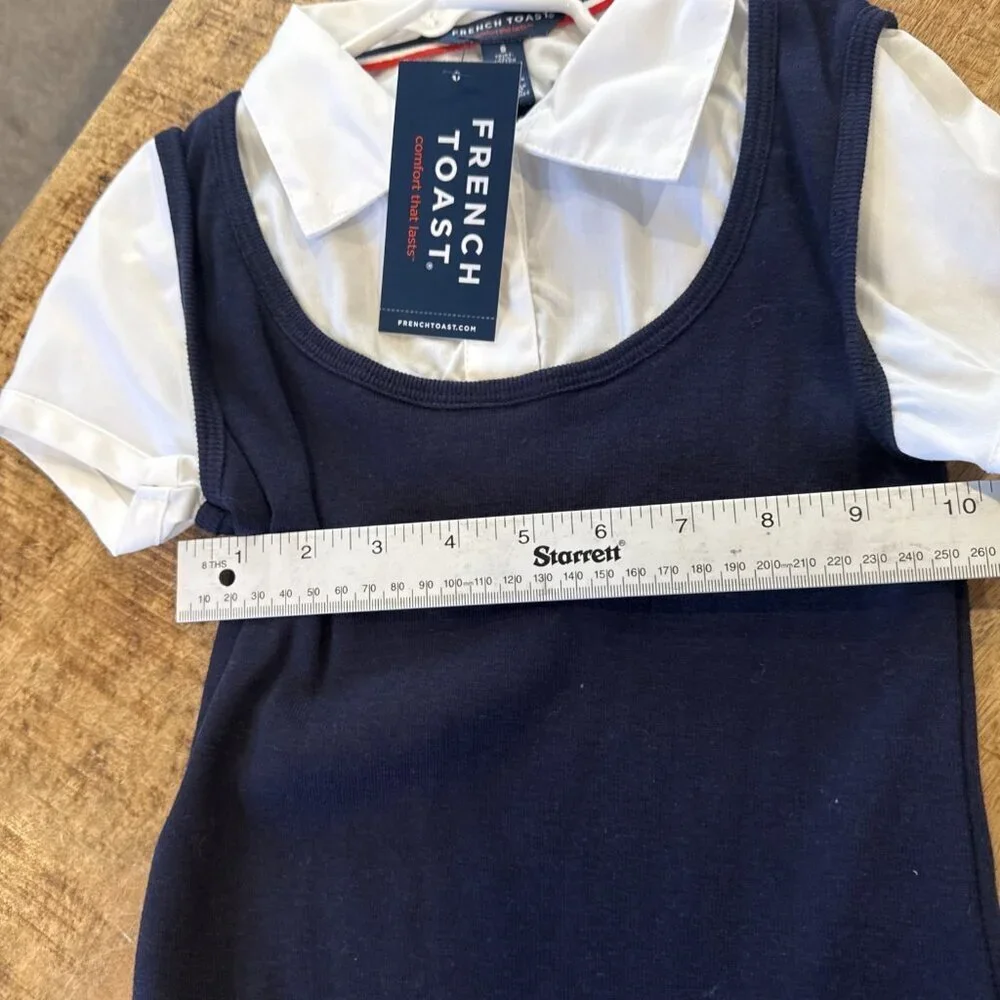 French Toast Girls V-Neck Pleated Jumper, Navy Blue Size 8 NWT Built In Shirt